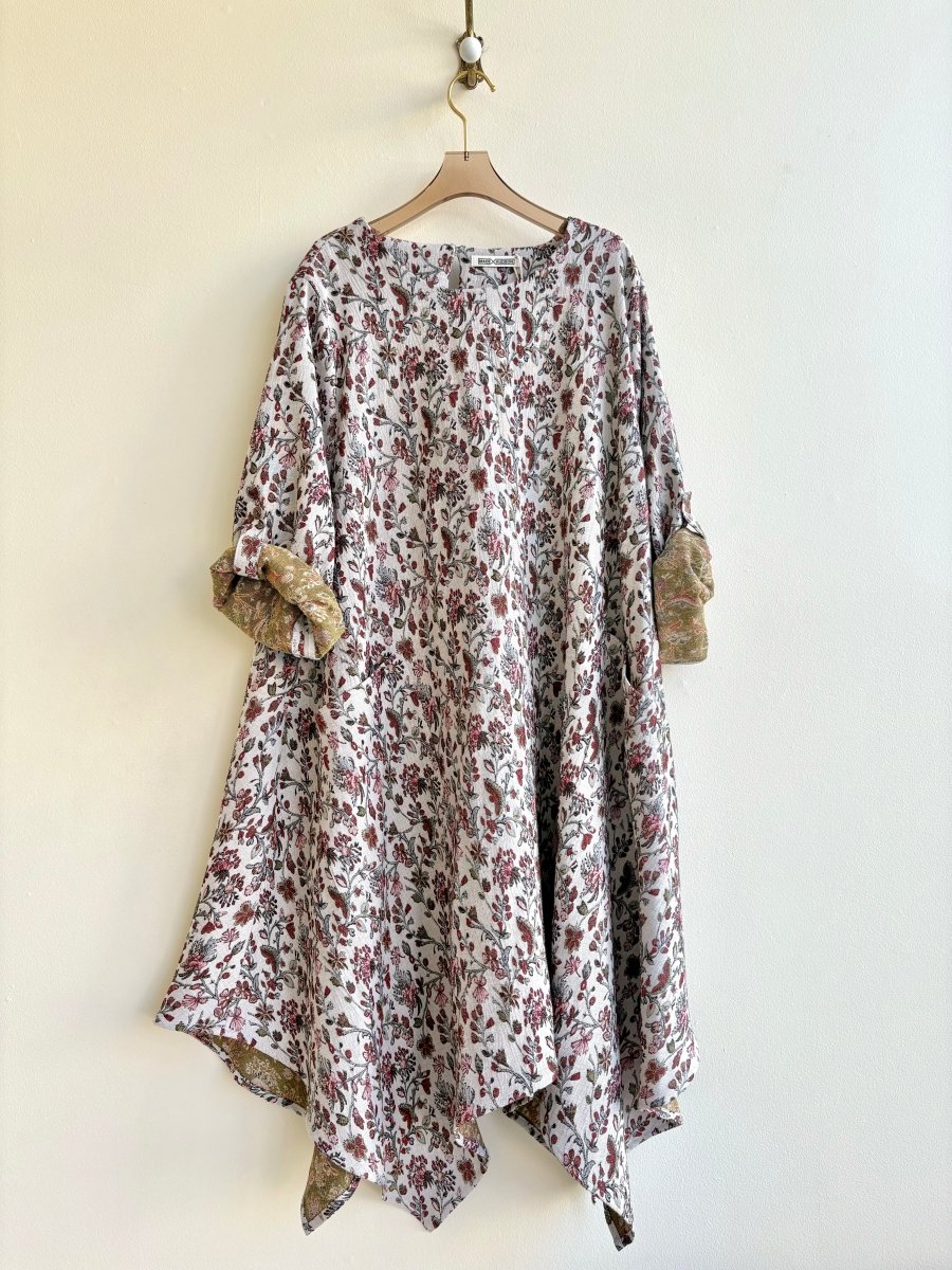 Red & Beige Floral Brocade Handkerchief Hem Dress w/ Patch Pockets - Made X Hudson