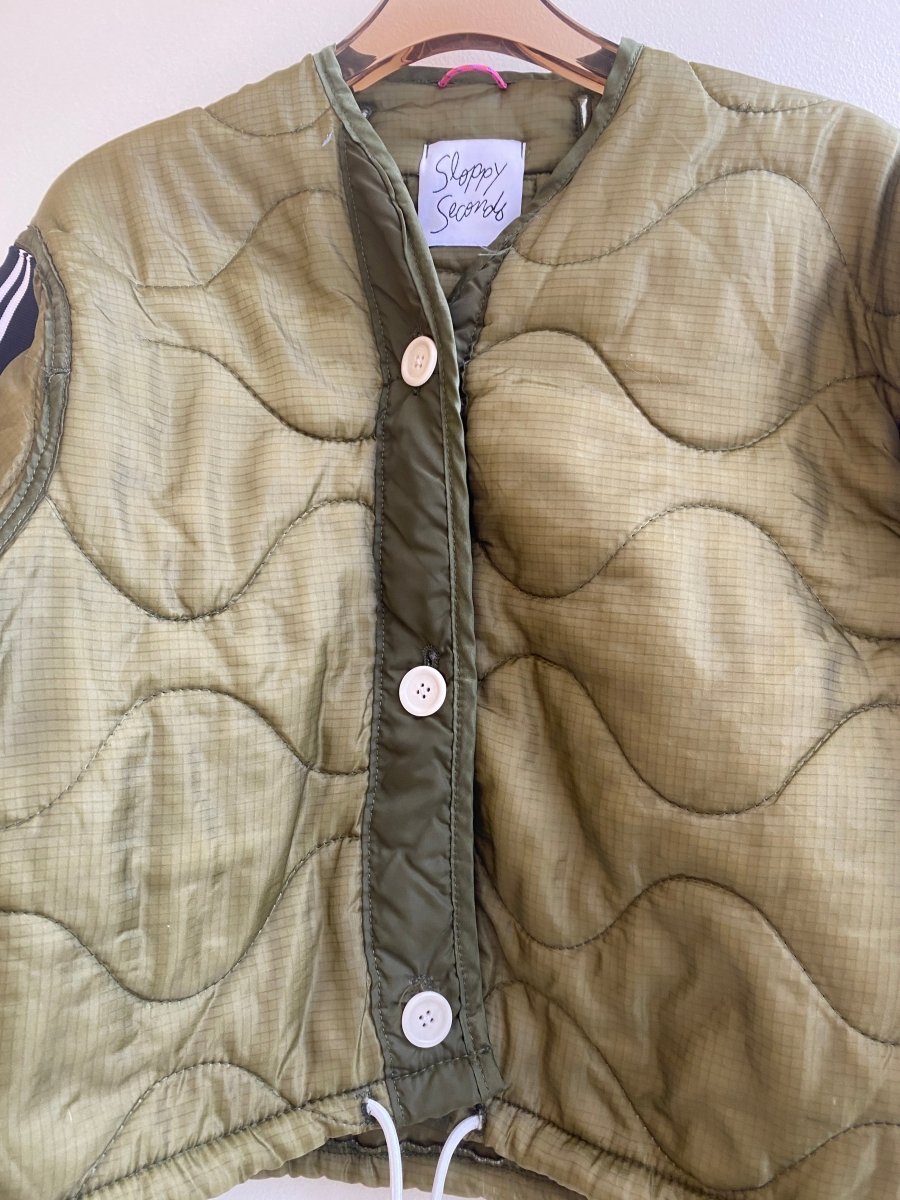 Olive Green Army Liner Quilted Coat w/ White Drawstring & Navy White Striped Sleeves - Made X Hudson
