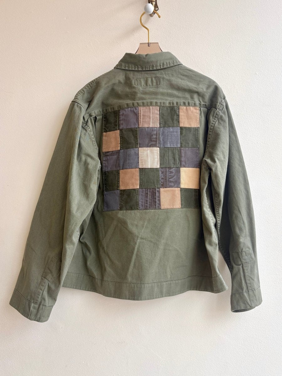 Sage Green Shirtjacket w/ Patch Pockets and Multi - Tone Grid Quilt Patch (Reworked) - Made X Hudson