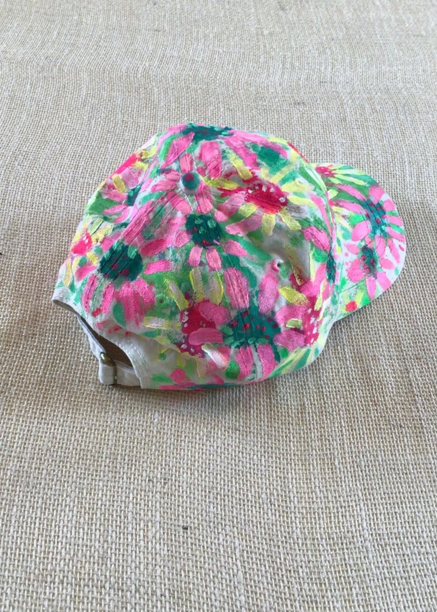Natural Canvas Hand Painted Neon Pink & Yellow Flowers Baseball Cap - Made X Hudson