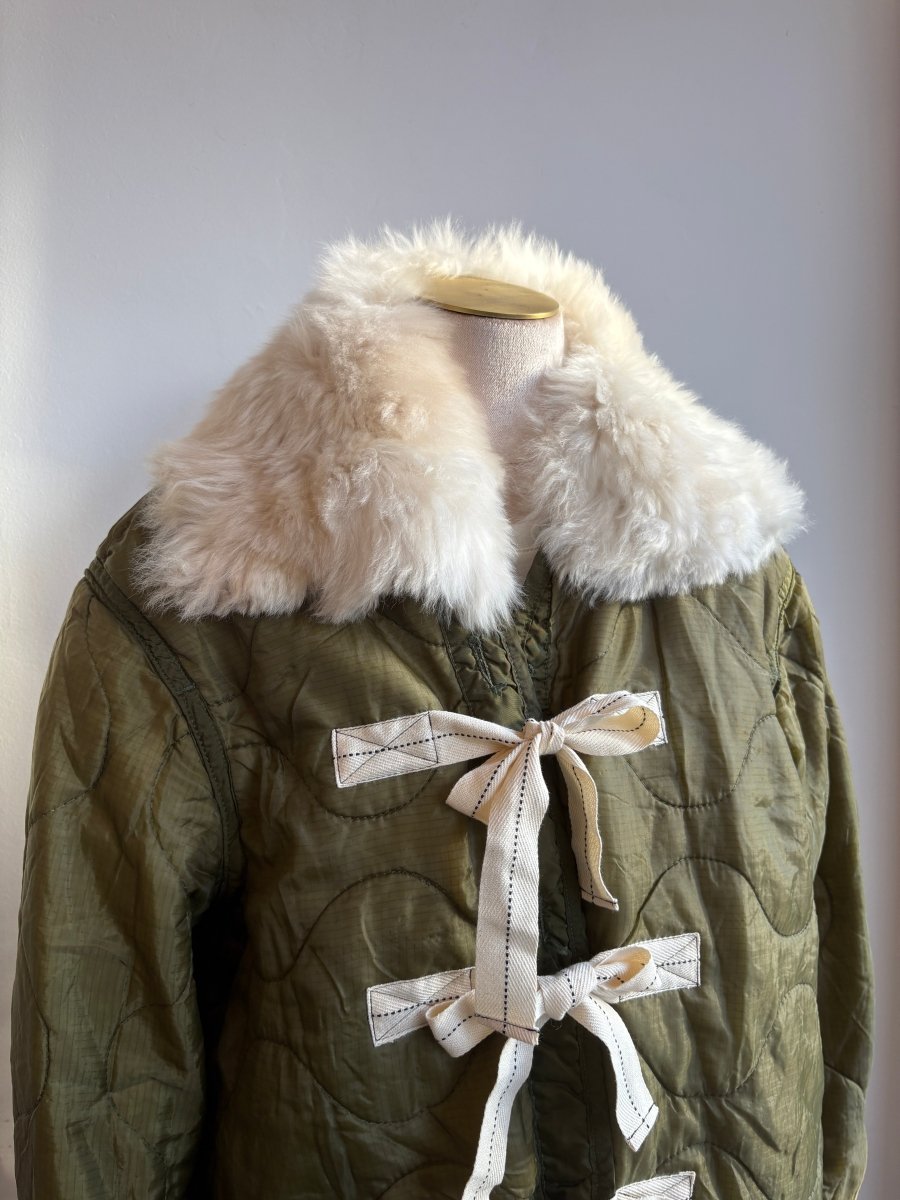 Olive Army Liner Quilted Coat w/ Cream Alpaca Fur Collar & Twill Tape Tie Closure (Reworked) - Made X Hudson