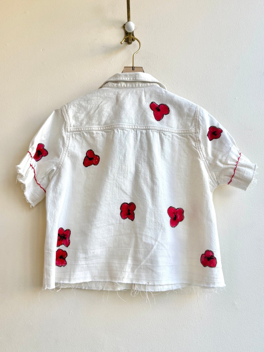 White Denim with Red Flowers Embroidered Short Sleeve Top (Reworked) - Made X Hudson