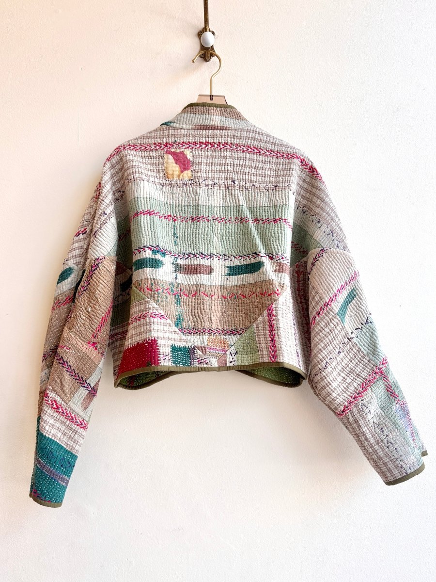 Reversible Kaira Quilted Cropped Jacket in Colors Cream Stripe, Olive, Sage & Grass Green, Red and Blue Stripes - Made X Hudson