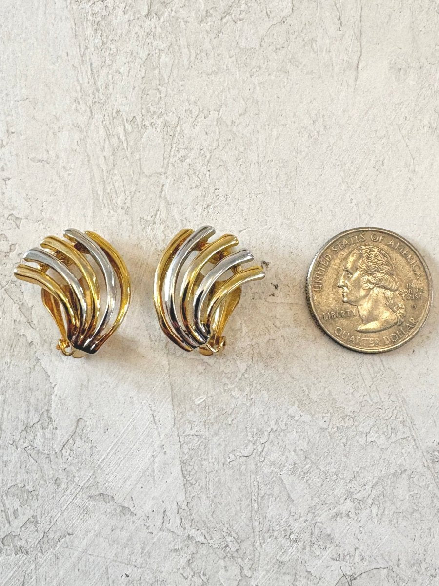 Gold Tone Mixed Metal Fan Clip On Earrings (Vintage) - Made X Hudson