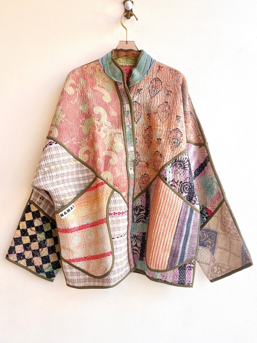 Reversible Ladhiya Quilted Jacket in Colors Olive Multi - Colored Pastel Patchwork & Red, Pink, Black, Yellow - Made X Hudson