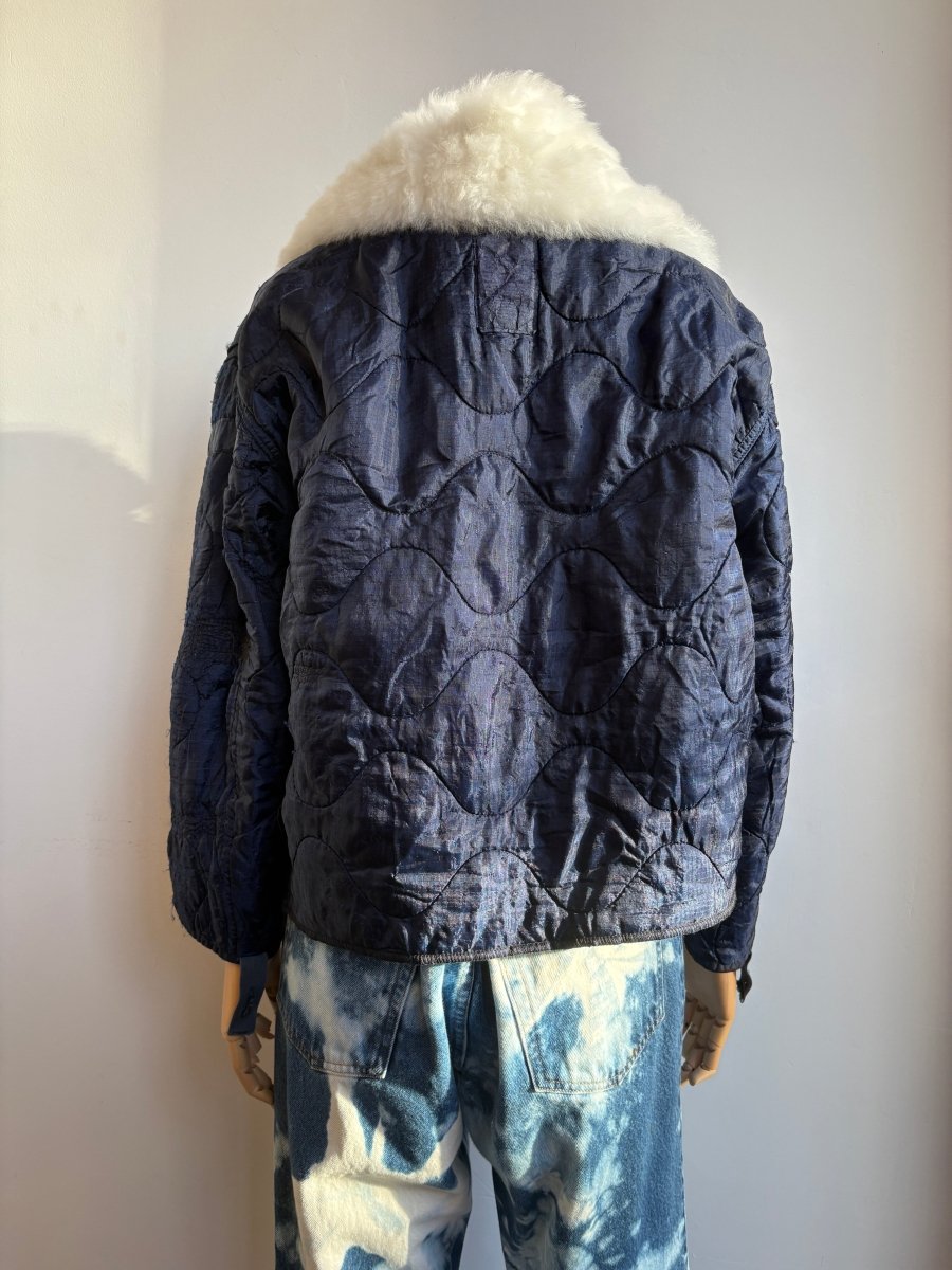 Navy Army Liner Quilted Coat w/ White Alpaca Fur Collar & Twill Tape Ties (Reworked) - Made X Hudson