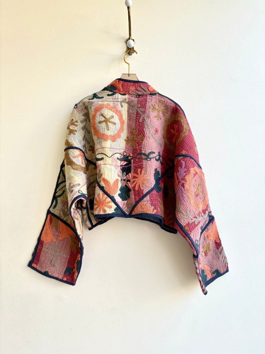 Reversible Kaira Quilted Cropped Jacket in Colors Maroon, Orange, Green Floral & Purple, Plum, Lavender - Made X Hudson