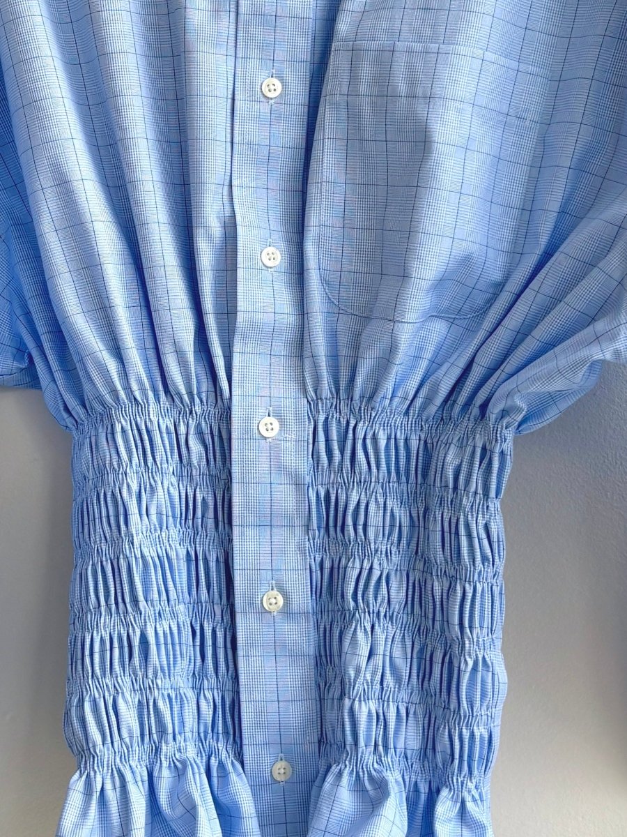The George Top | Blue and White Plaid Button Down Top w/ Smocked Waist (Reworked) - Made X Hudson