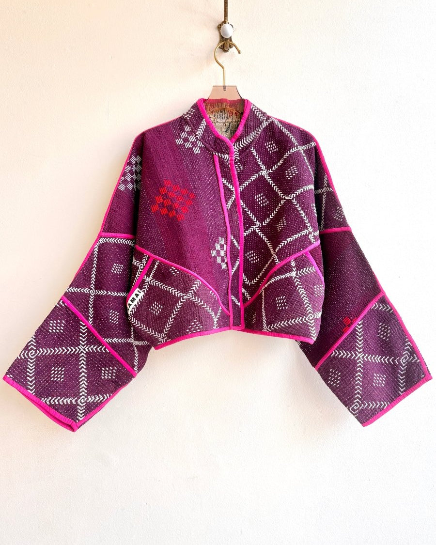 Reversible Kaira Quilted Cropped Jacket in Colors Eggplant, Pink, Cream & Red, Cream, Purple, Yellow - Made X Hudson