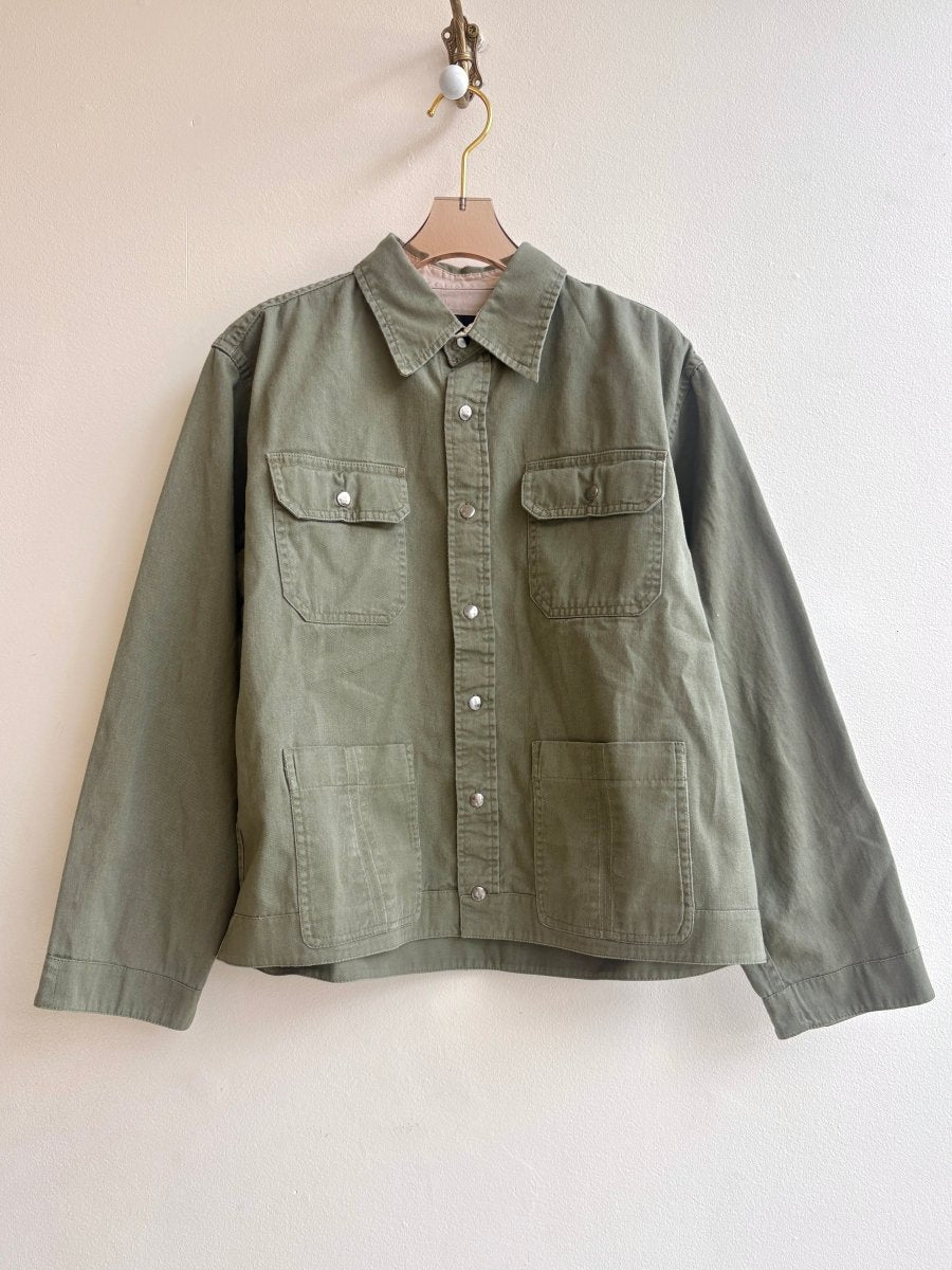 Sage Green Shirtjacket w/ Patch Pockets and Multi - Tone Grid Quilt Patch (Reworked) - Made X Hudson