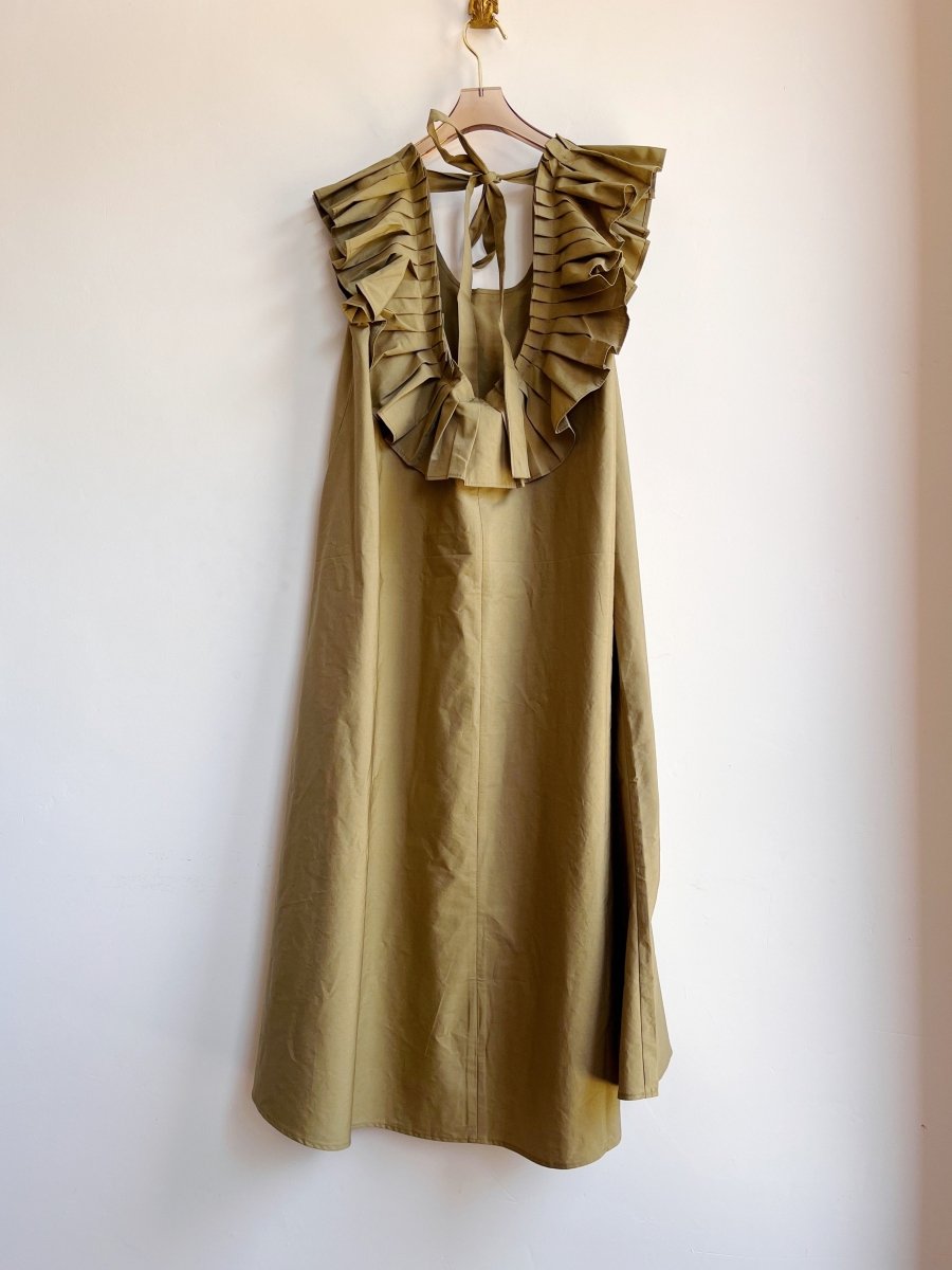 Olive Green Sleeveless Keyhole Back Ruffle Dress w/ Belt - Made X Hudson