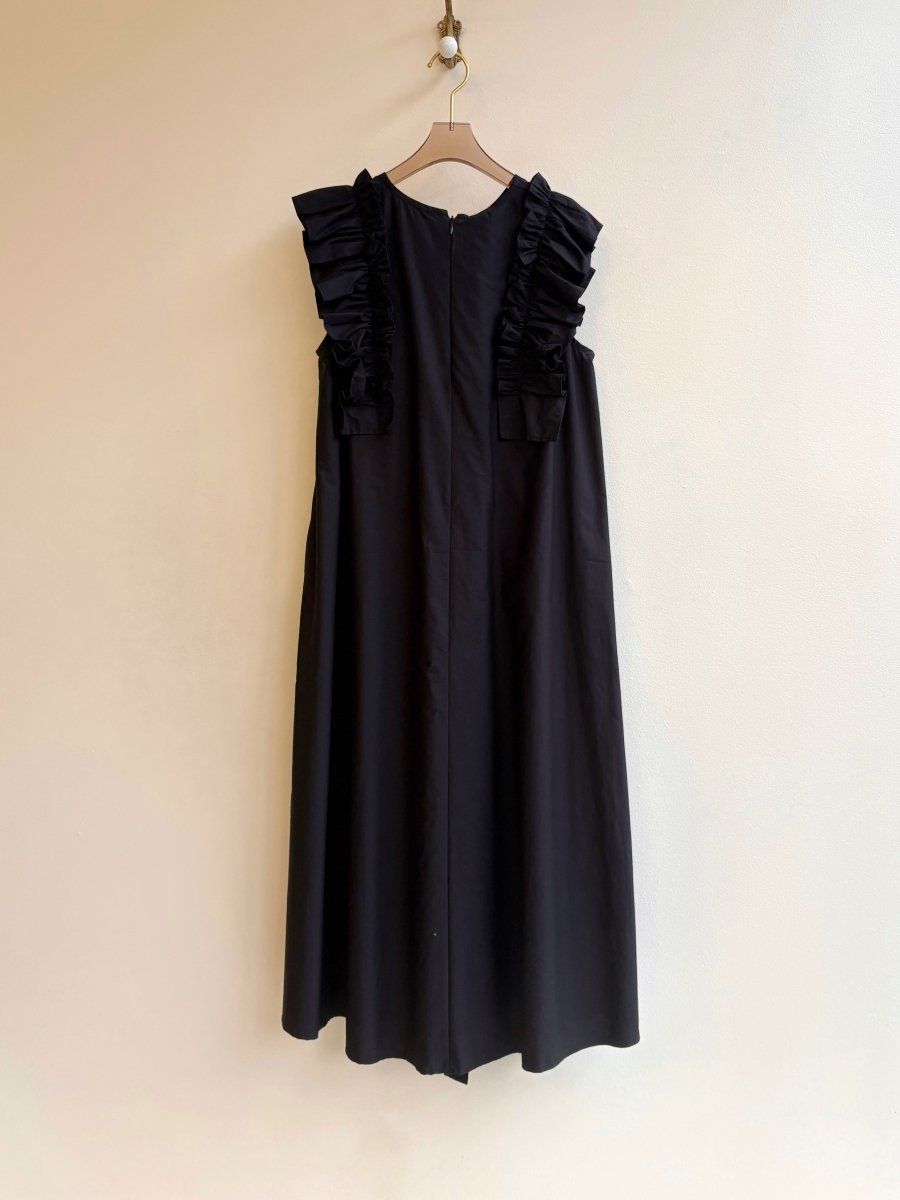 Black Sleeveless Cotton Aria Ruffle Dress w/ Belt - Made X Hudson