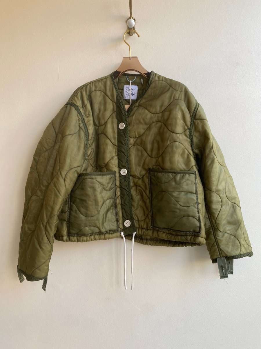 Olive Green Army Liner Quilted Coat w/ Patch Pockets & White Drawstring (Reworked) - Made X Hudson