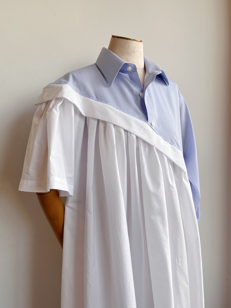 Asymmetric Shirtwaist Dress in Blue Mini - Stripe & White (Reworked) - Made X Hudson