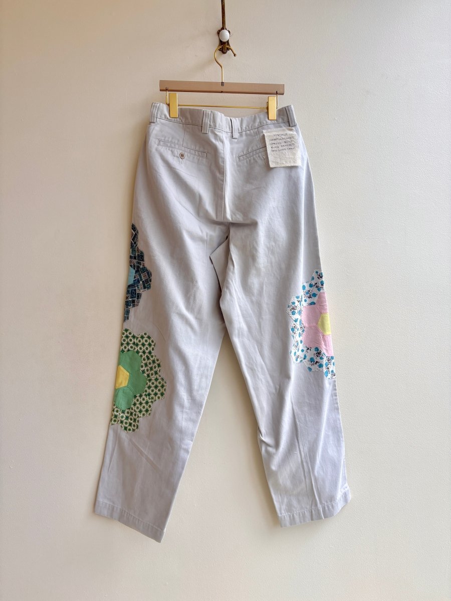 Grandmother's Garden Quilt Block Applique Chinos | Mixed Strawberry and Blue Tile (Reworked) - Made X Hudson
