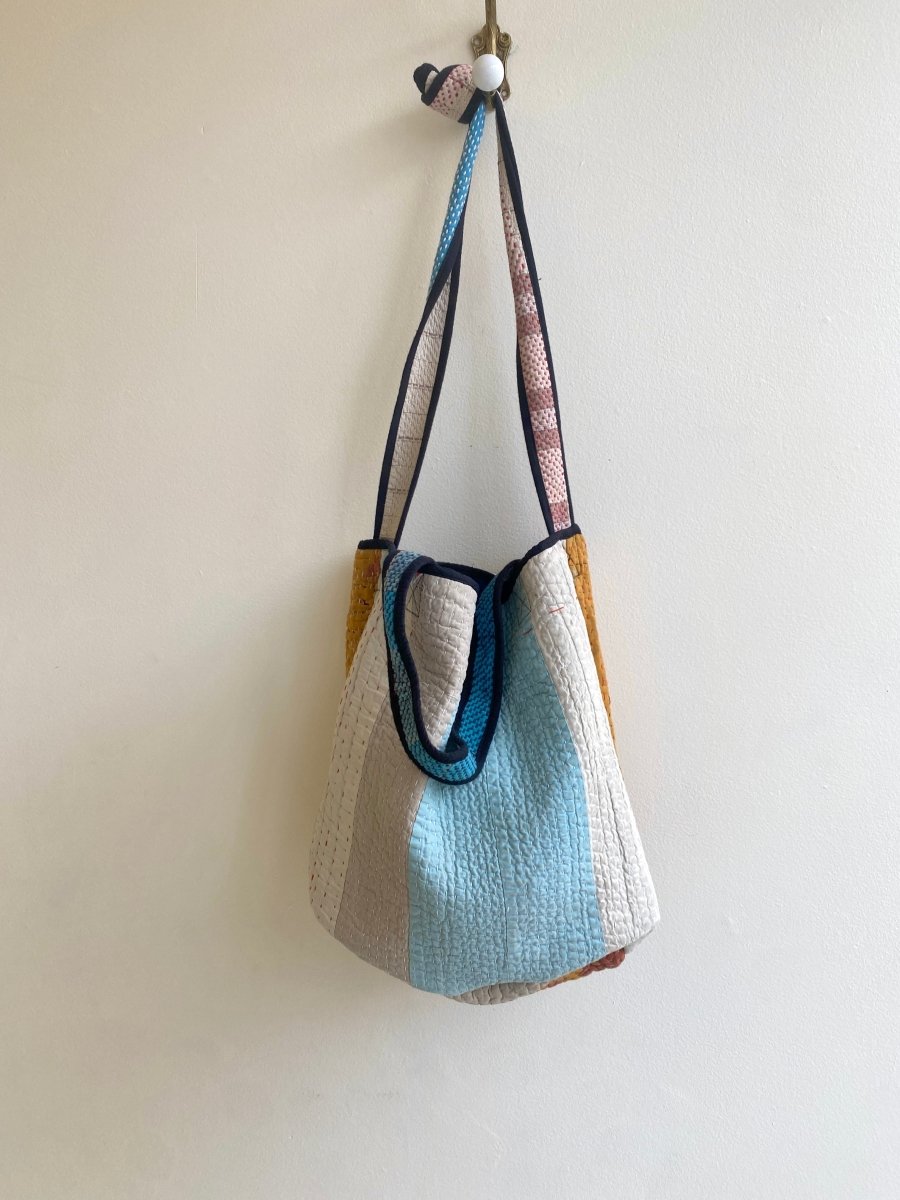 Reversible Xoti II Hand - Quilted Tote Bag in Colors Blue, Black & Mustard, Pale Blue - Made X Hudson