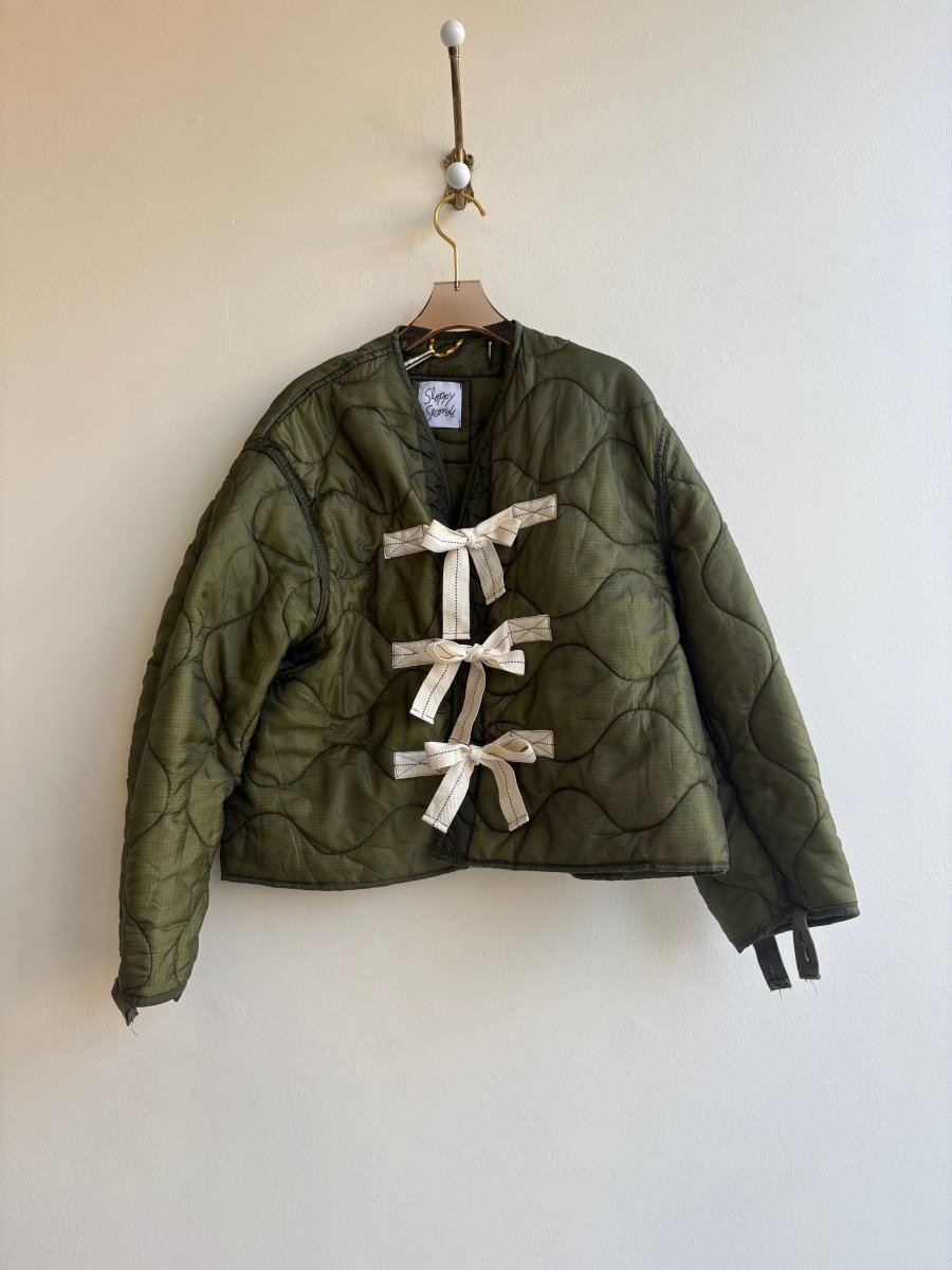 Olive Green Army Liner Large Pattern Quilted Coat w/ Twill Tape Ties (Reworked) - Made X Hudson