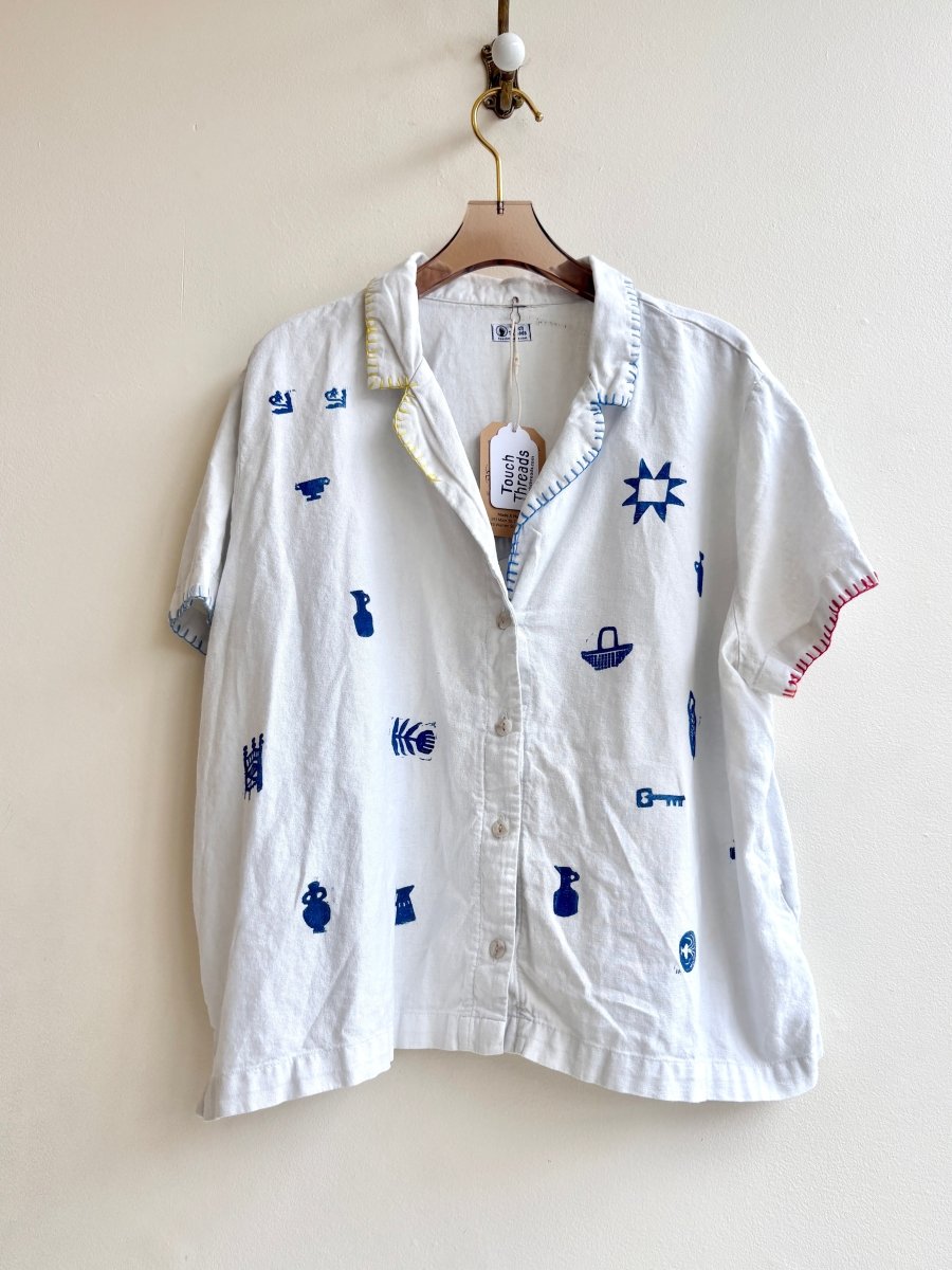 White and Cobalt Tiny Print Short Sleeve | Block Printed (Reworked) - Made X Hudson