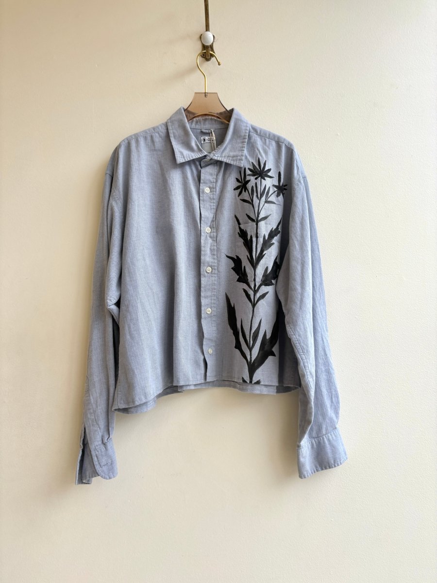 Folk Floral Shadow Grey Cropped Button Down | Hand Painted (Reworked) - Made X Hudson