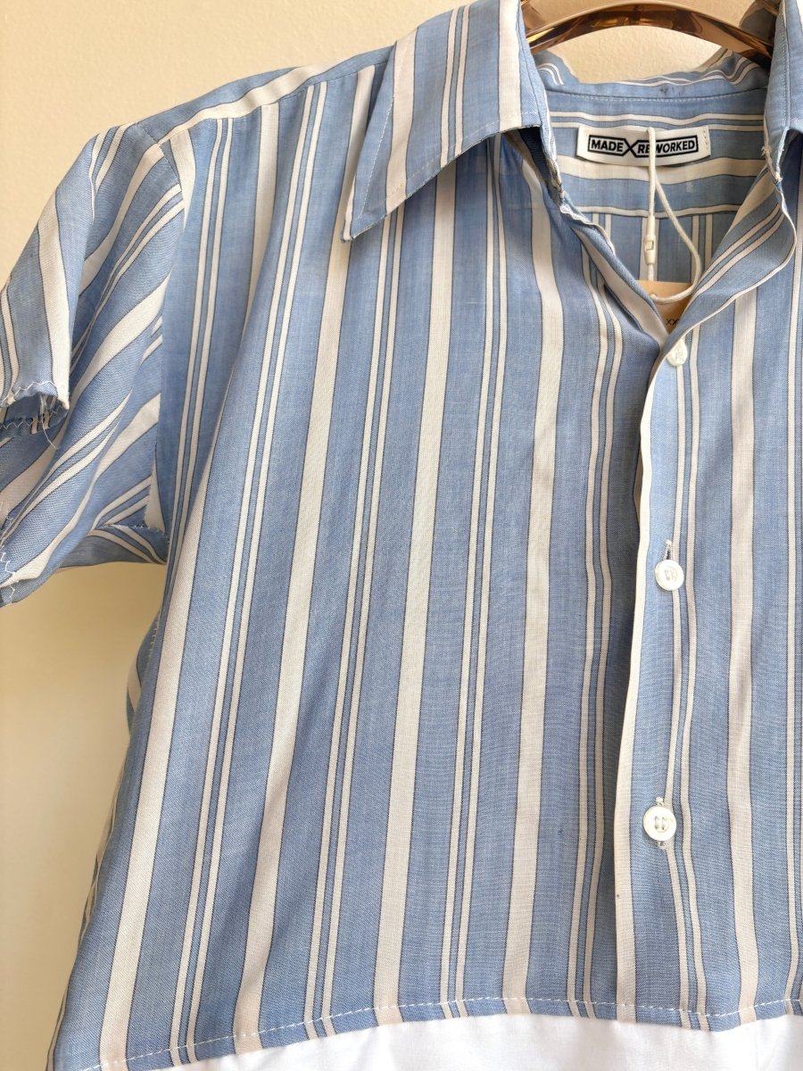 Empire Shirtwaist Dress in Pale Blue & Ivory Stripe & White w/ Short Sleeves (Reworked) - Made X Hudson