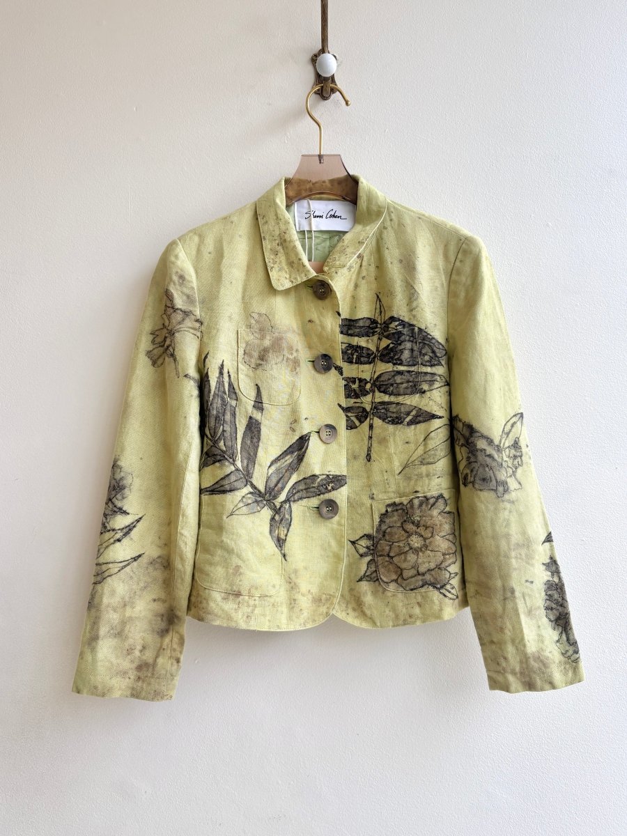 Chartreuse Linen Walnut Leaves Eco - Printed Blazer (Reworked) - Made X Hudson