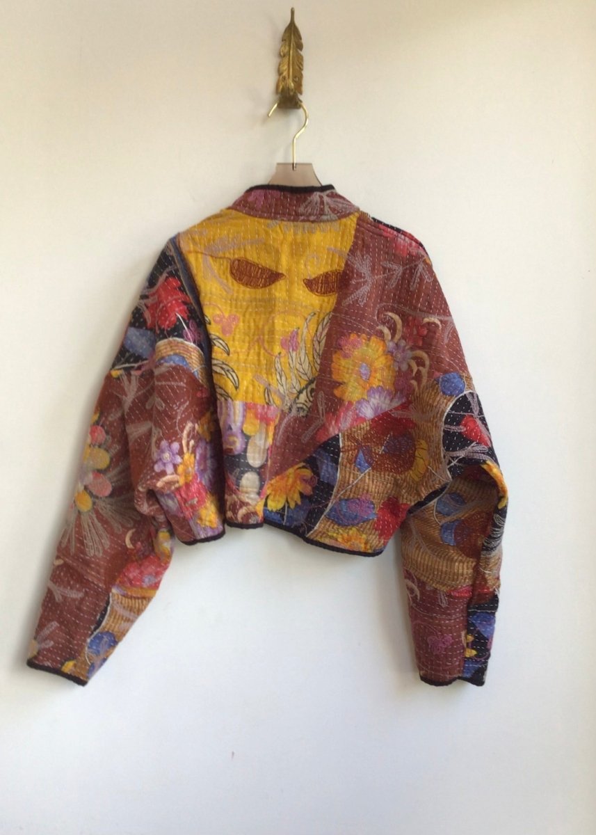 Reversible Kaira Suzani Quilted Cropped Jacket in Colors Rust, Black, Orange, Brown & Rust, Red, Purple, Orange - Made X Hudson