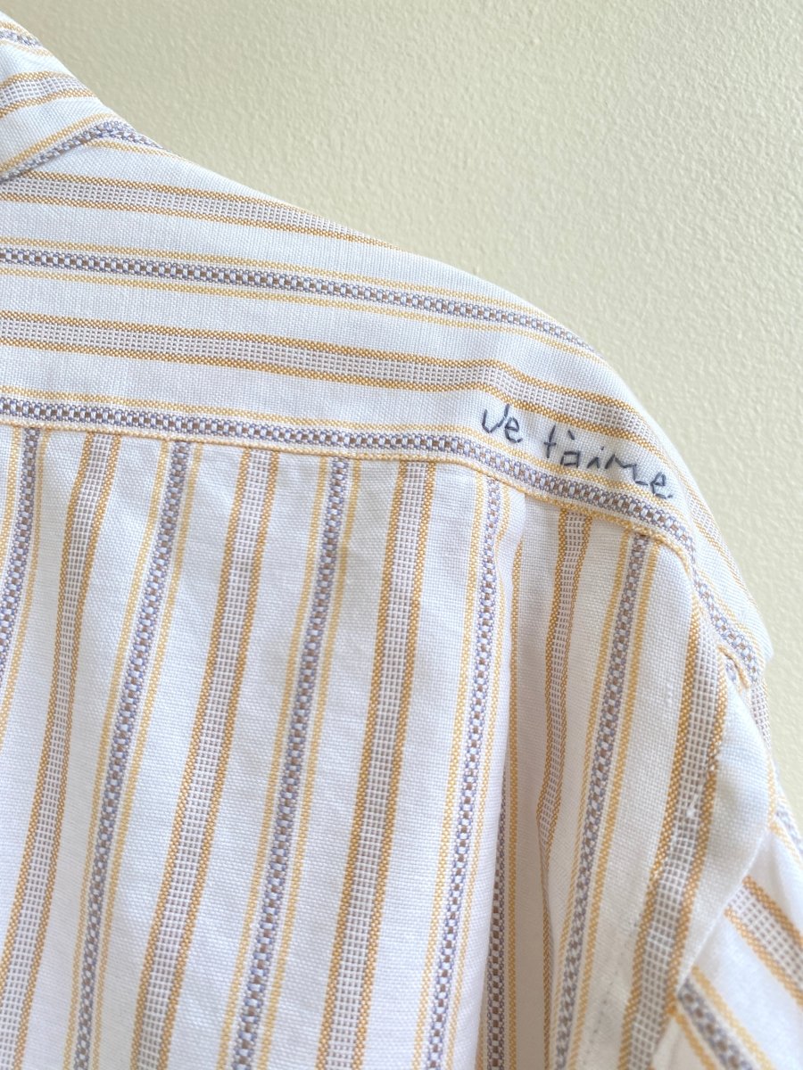 Tan, Blue, & White Annette Button Down Crop Top Hand Embroidered “Je Tàime” (Reworked) - Made X Hudson