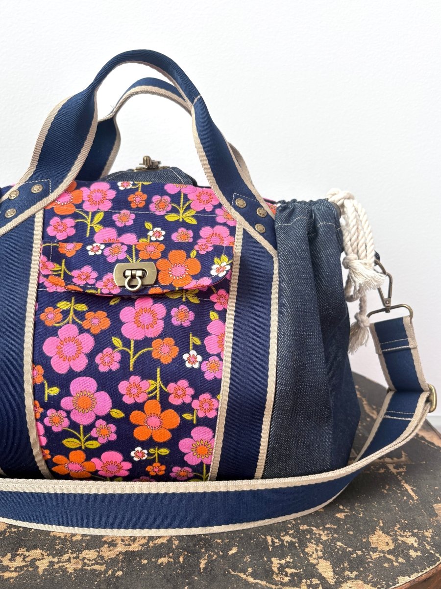 Mini Cross - Body Duffel Bag in Denim and Pink Retro Flowers w/ Navy Webbing - Made X Hudson