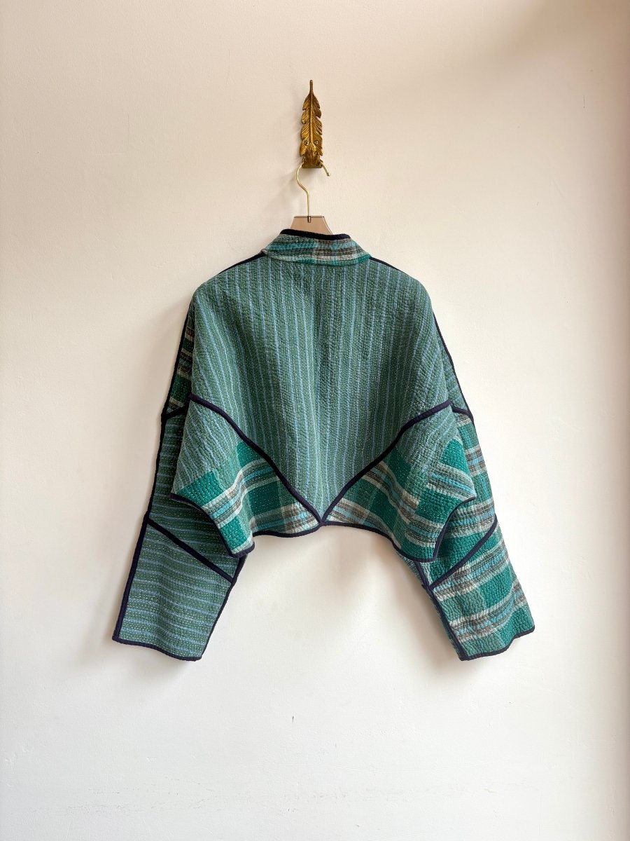 Reversible Kaira Quilted Cropped Jacket in Colors Green, Blue, White & Red, Blue, Pink, Green, Yellow - Made X Hudson