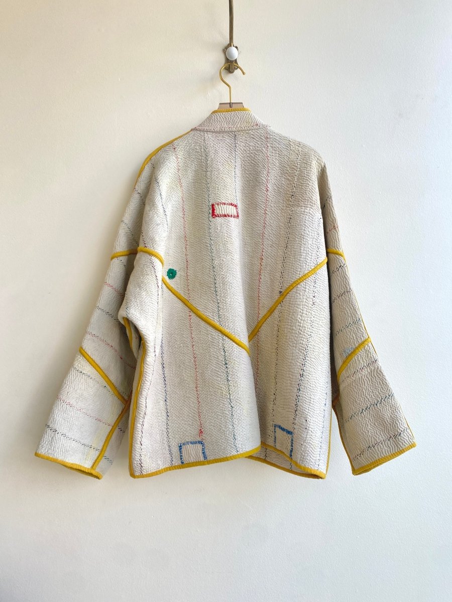 Reversible Ladhiya Quilted Jacket in Colors Cream w/ Stripes & Mustard Piping - Made X Hudson