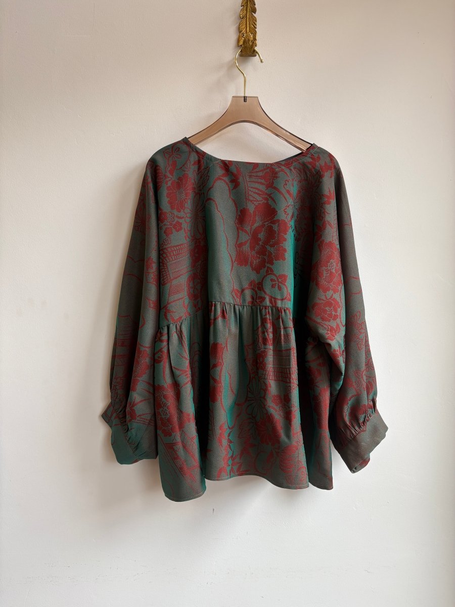 Teal & Burgundy Iridescent Floral Print Zero - Waste Ruffle Blouse - Made X Hudson
