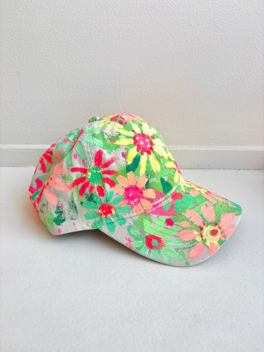 Natural Canvas Hand Painted Neon Green Multi Color Flowers Baseball Cap - Made X Hudson
