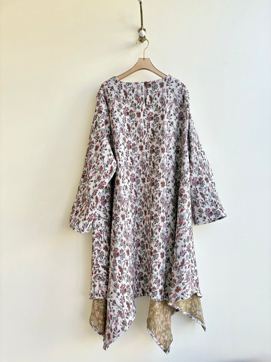 Red & Beige Floral Brocade Handkerchief Hem Dress w/ Patch Pockets - Made X Hudson