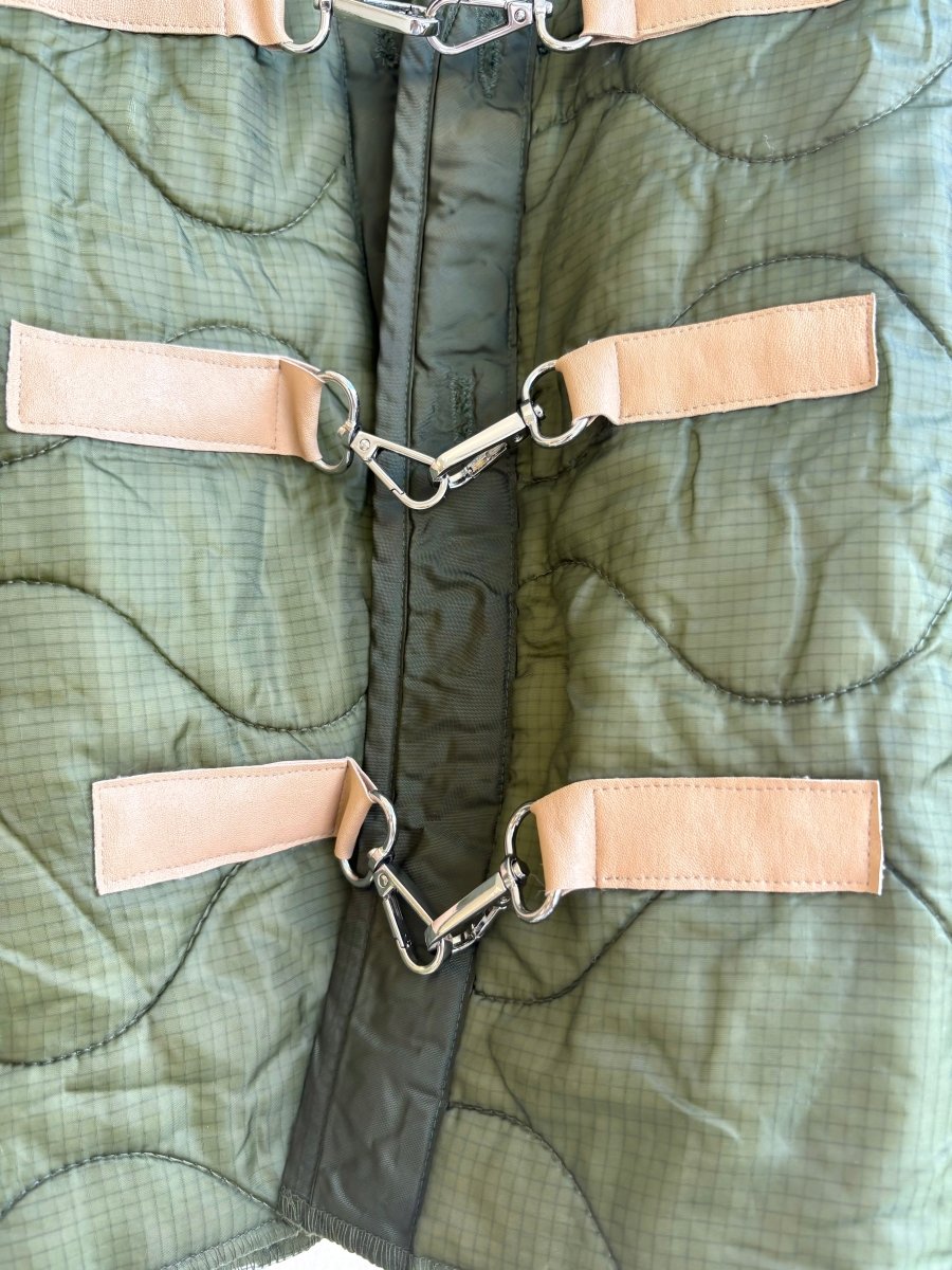 Dark Olive Green Army Liner Quilted Coat w/ Tan Leather & Silver - Tone Clasps (Reworked) - Made X Hudson