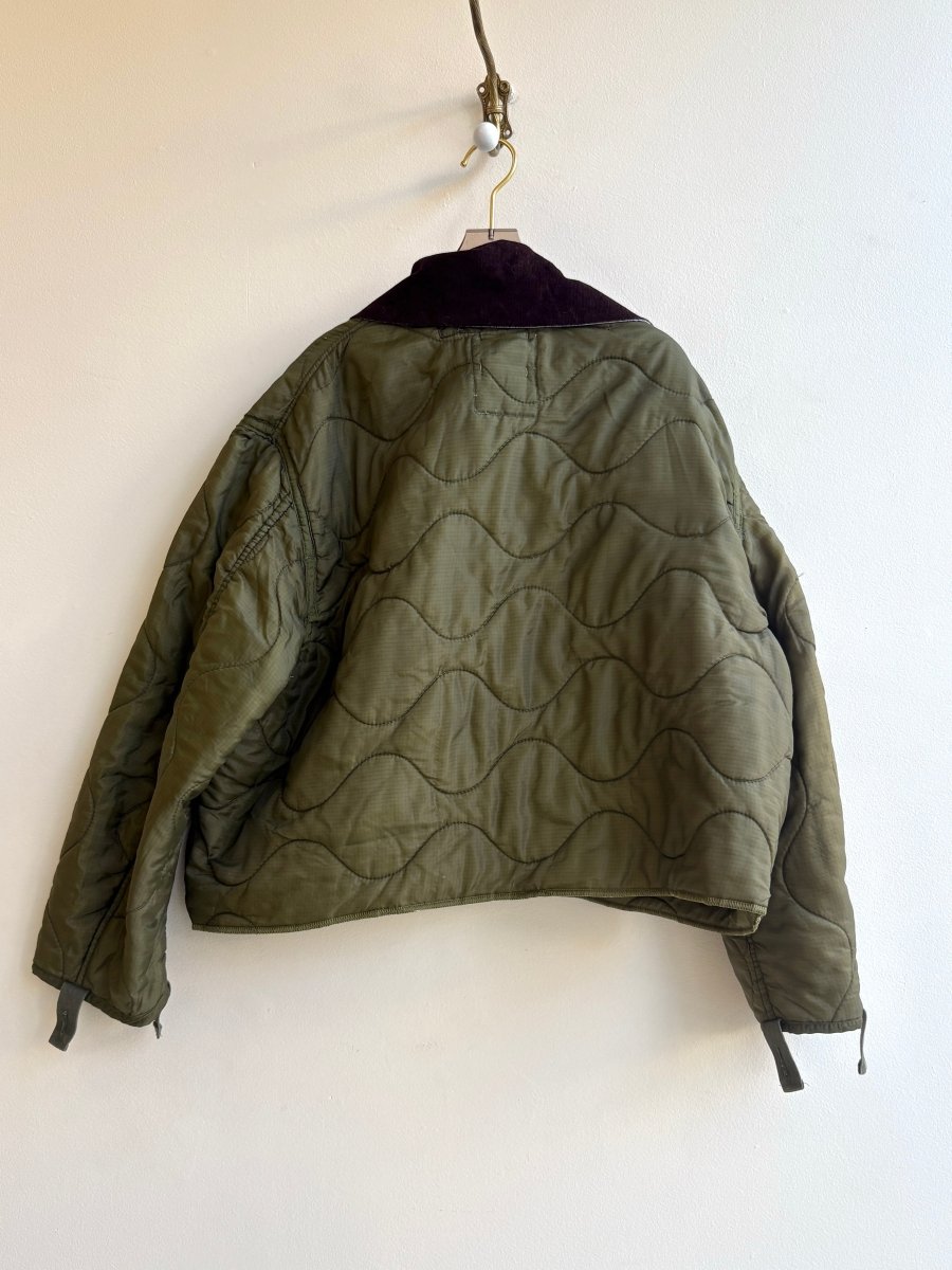 Dark Olive Army Liner Quilted Coat w/ Peat Brown Dagger Collar & Faux Leather Buttons (Reworked) - Made X Hudson