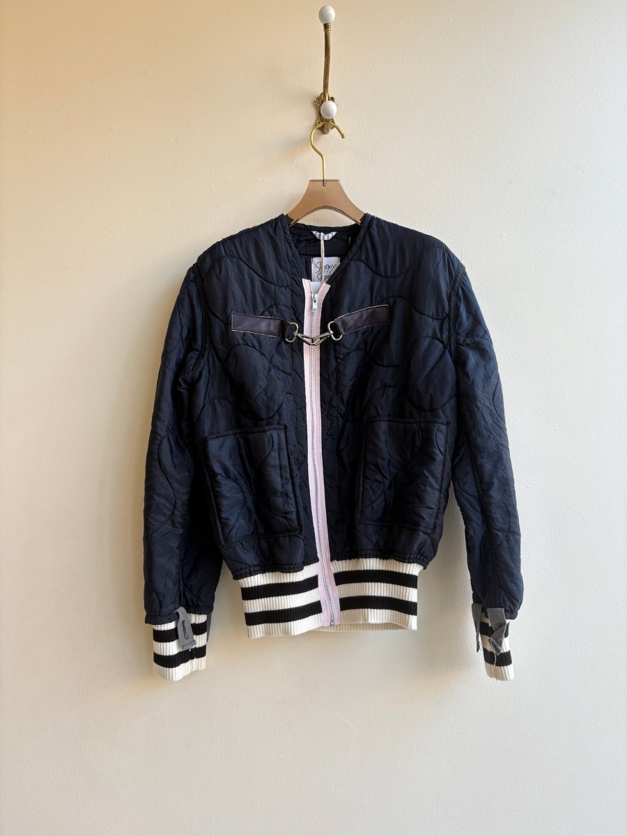 Navy Army Liner Quilted Coat w/ Pale Pink Zipper, Stripe Hem, & Silver Clasp (Reworked) - Made X Hudson