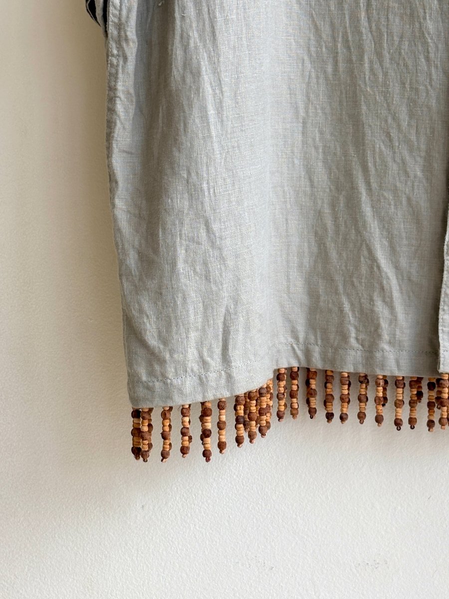 Slate Linen Button Up Shirt w/ Wooden Beaded Fringe (Reworked) - Made X Hudson