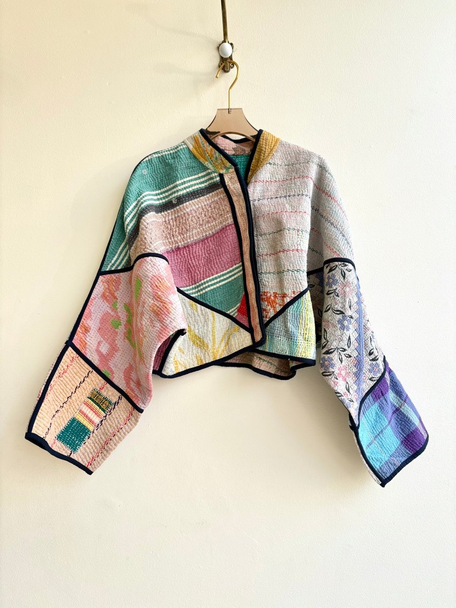 Reversible Kaira Quilted Cropped Jacket in Colors Lavendar, Purple, Green, Pink, Yellow & Teal, Brown, Green, Pink, Yellow - Made X Hudson