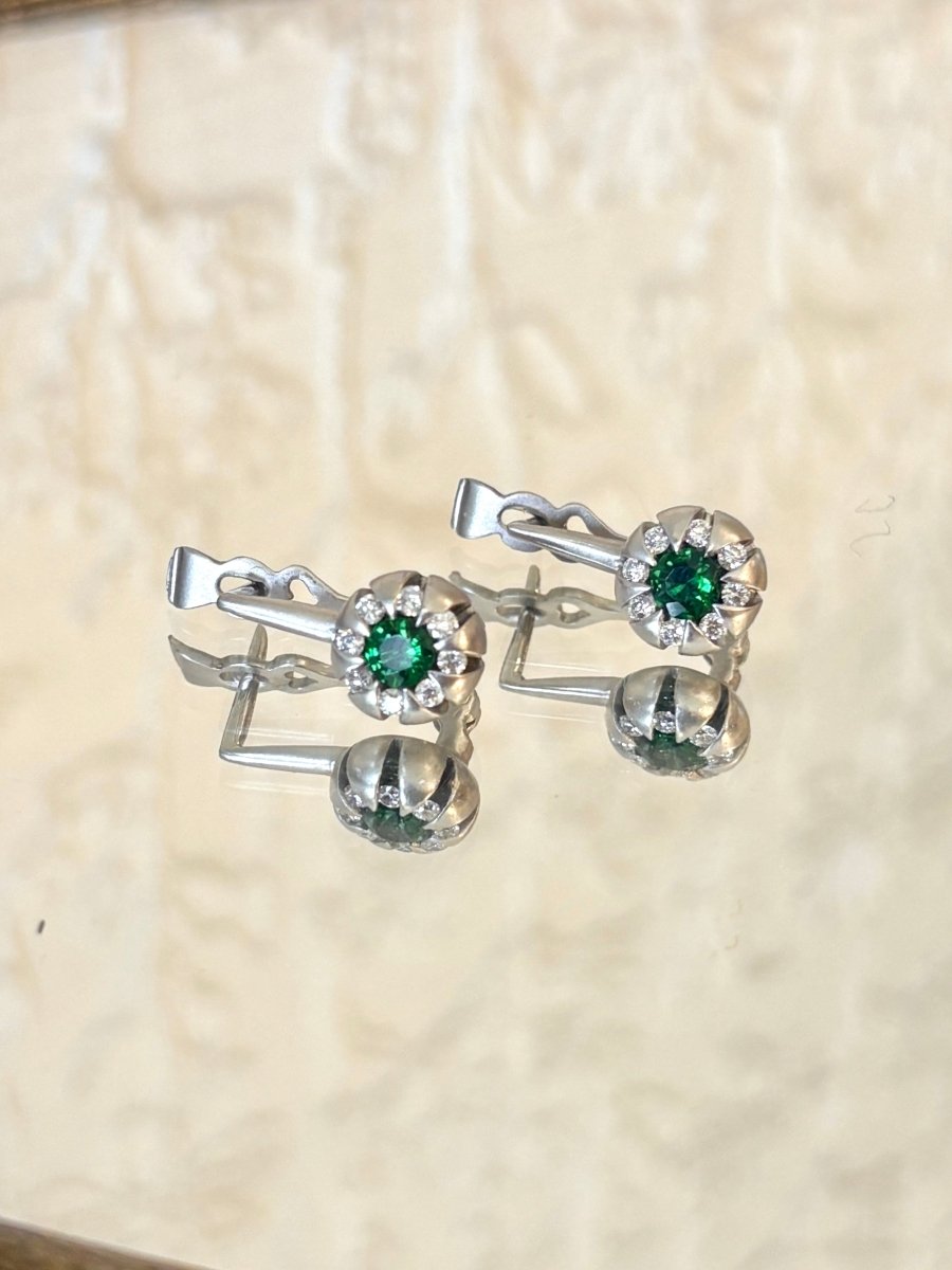 18K White Gold, .08CT Diamonds, & Emerald Artichoke Dangle Earrings - Made X Hudson