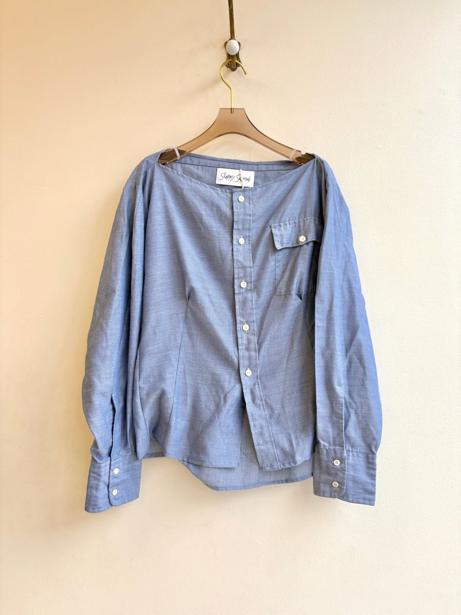 The Adrian Top | Grey Blue Chambray Button Down Top w/ Scoop Neck (Reworked) - Made X Hudson