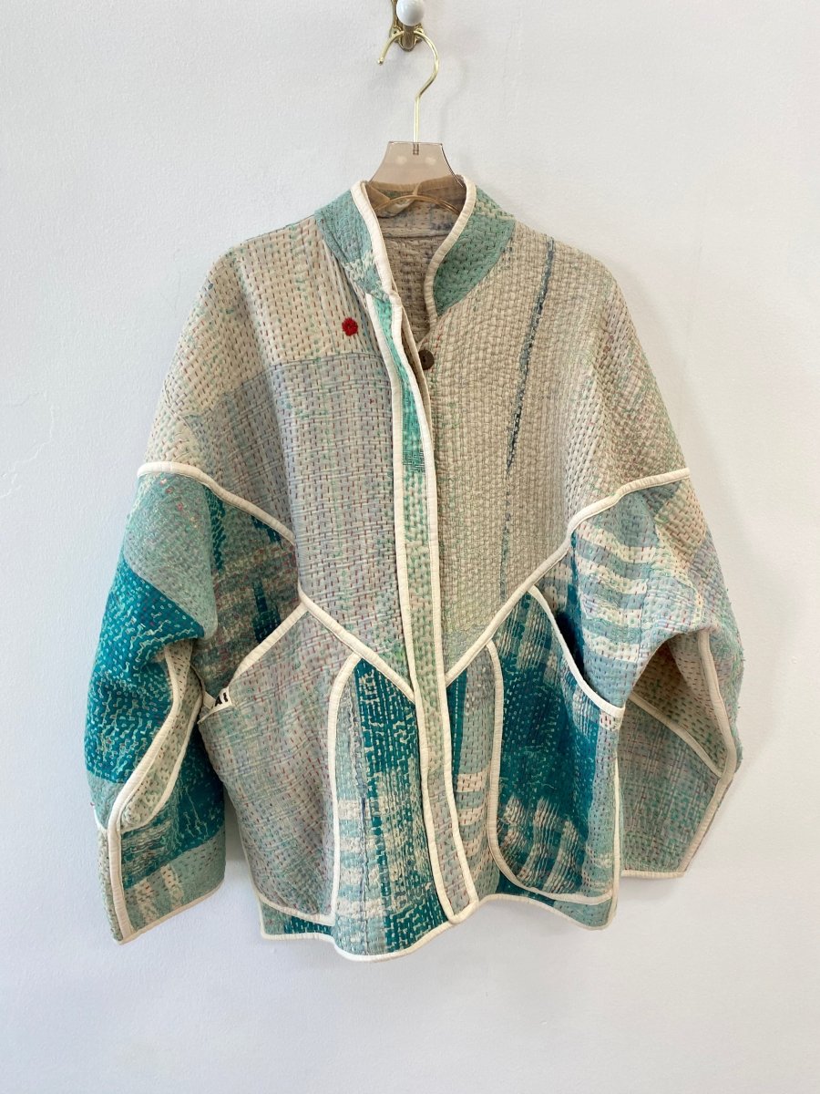 Reversible Ladhiya Quilted Jacket in Colors Baby Blue, Teal, Cream & Cream w/ Blue Stripes - Made X Hudson
