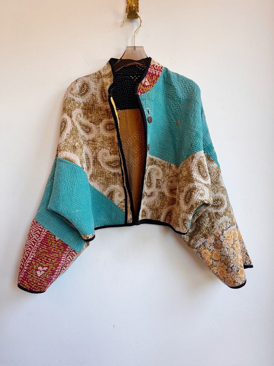 Reversible Kaira Quilted Cropped Jacket in Colors Purple, Red, Yellow, Light Brown, Black & Teal, Red, Light Brown, Black - Made X Hudson