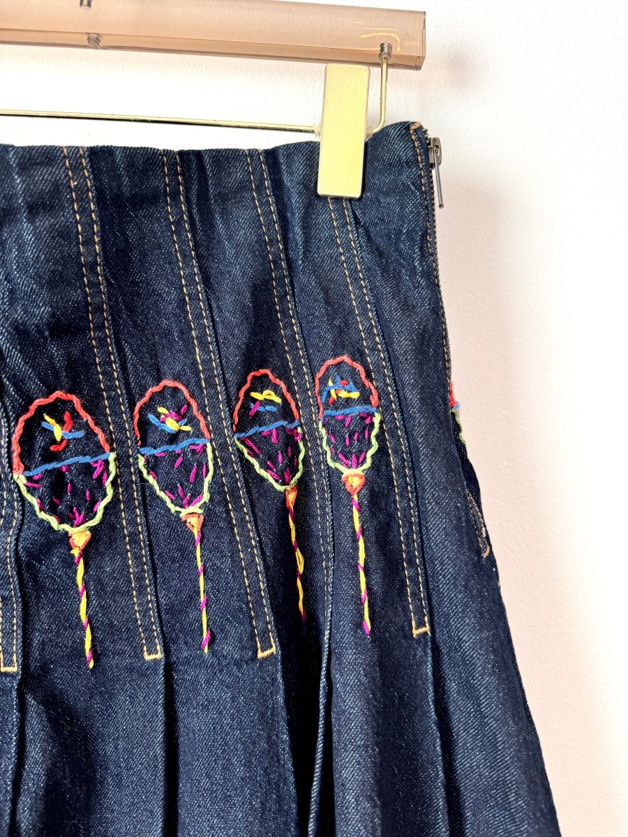 "Lollie" Denim Pleated Skirt with Embroidery (Reworked) - Made X Hudson