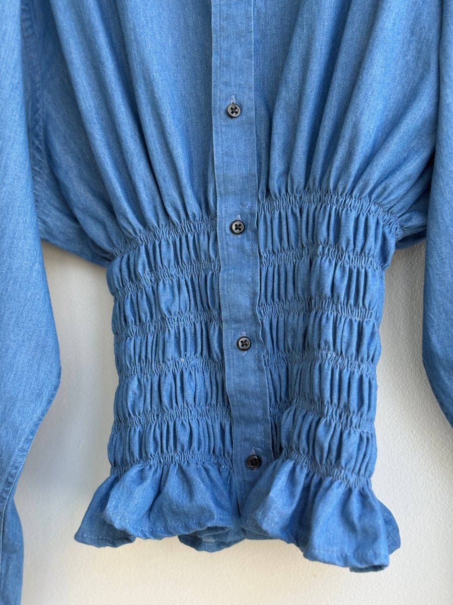 The George Top | Chambray Blue Button Down Top w/ Smocked Waist (Reworked) - Made X Hudson