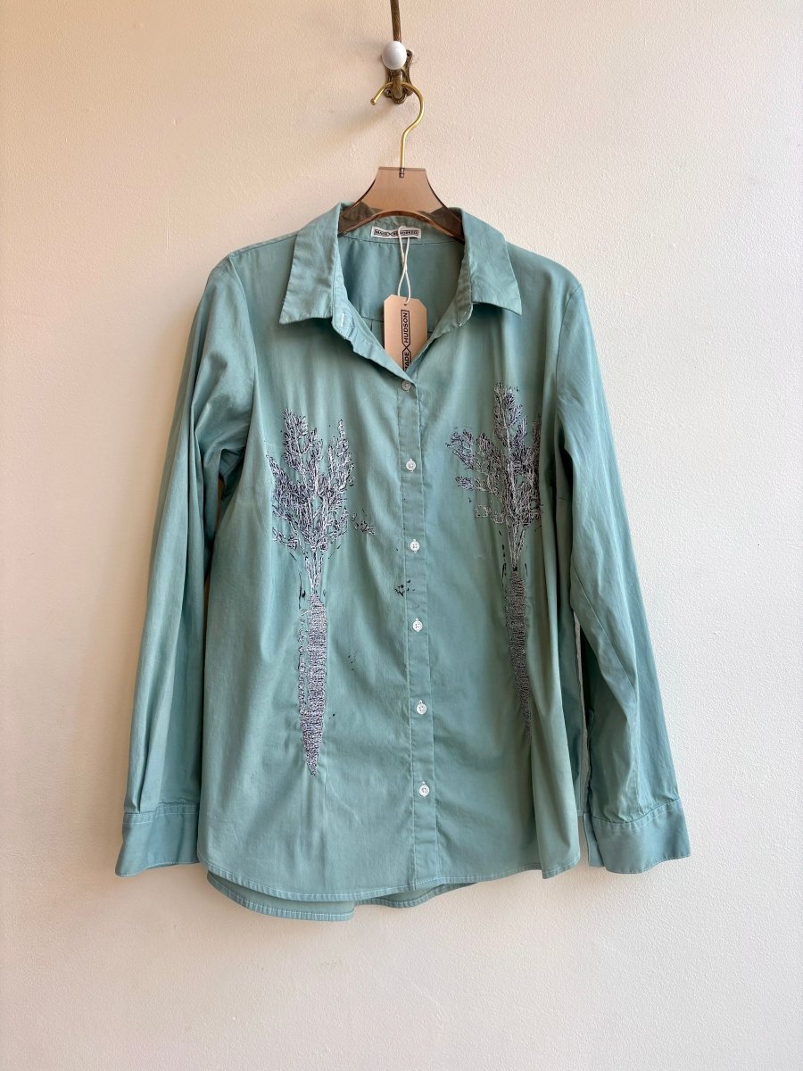 “Janet” Mint, White and Silver Embroidered & Stamped Carrot Print Shirt (Reworked) - Made X Hudson