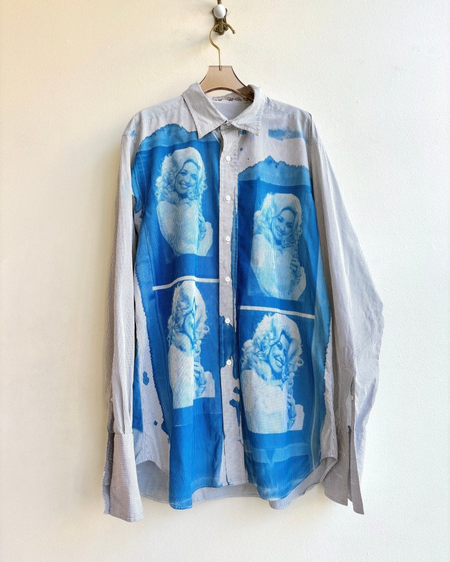 Pixilated Dolly Parton and Kitten Blue Cyanotype Gridded Button-Up Shirt (Reworked) - Made X Hudson