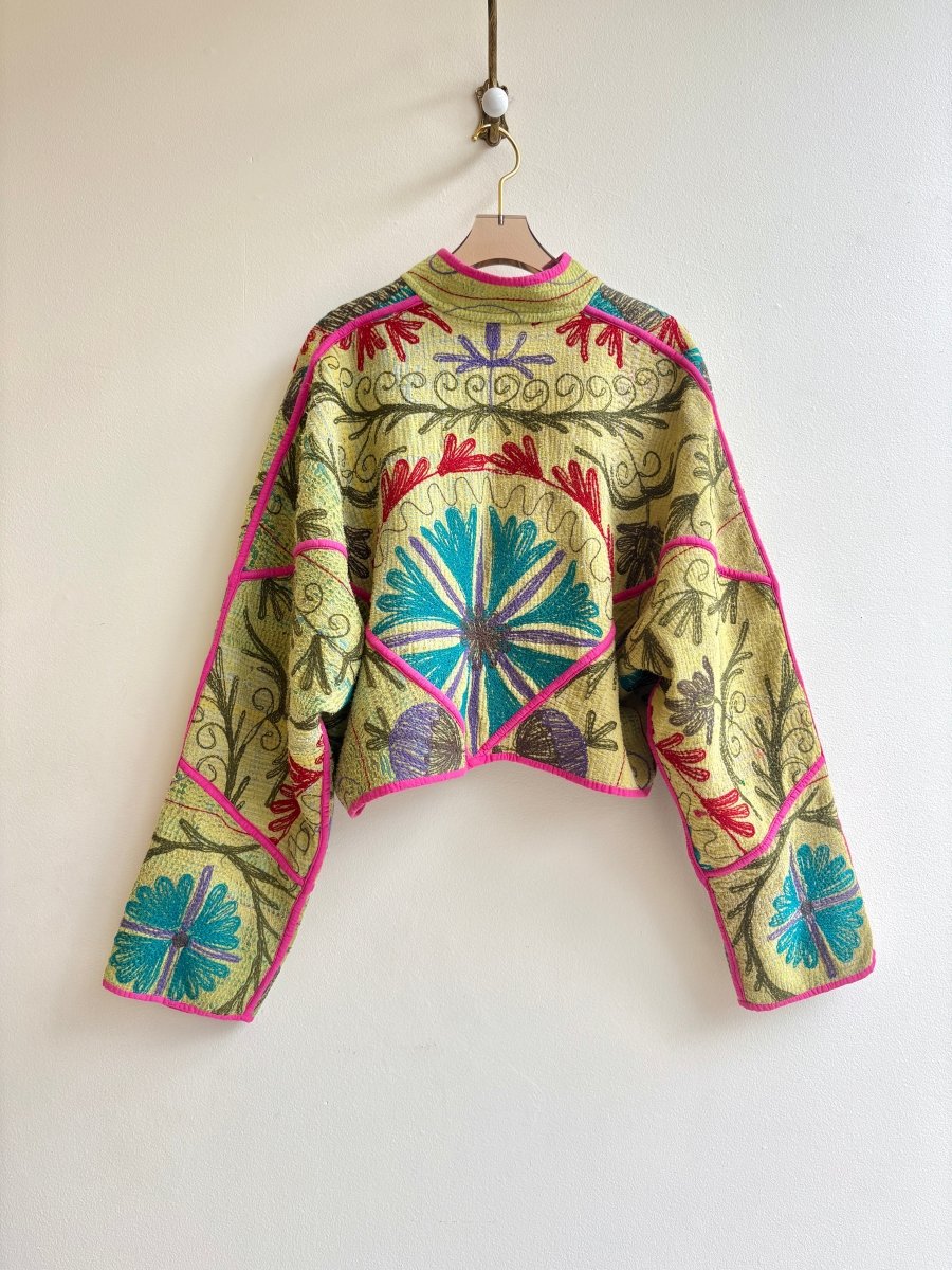 Reversible Kaira Suzani Quilted Cropped Jacket in Colors Lime, Red, Purple, Teal & Lime, Teal, Purple, Red, Green - Made X Hudson