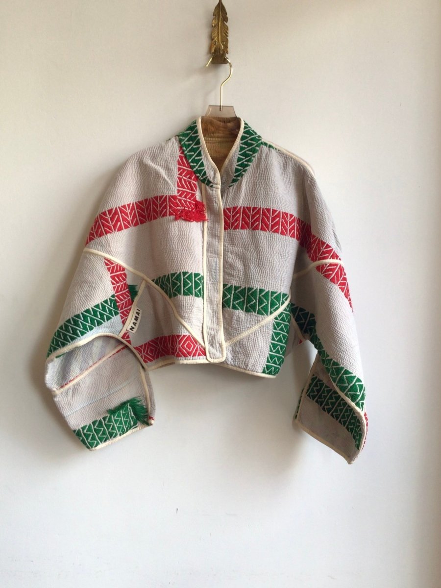 Reversible Kaira Quilted Cropped Jacket in Colors Grey, Red, Green & Mustard, Red, Green - Made X Hudson