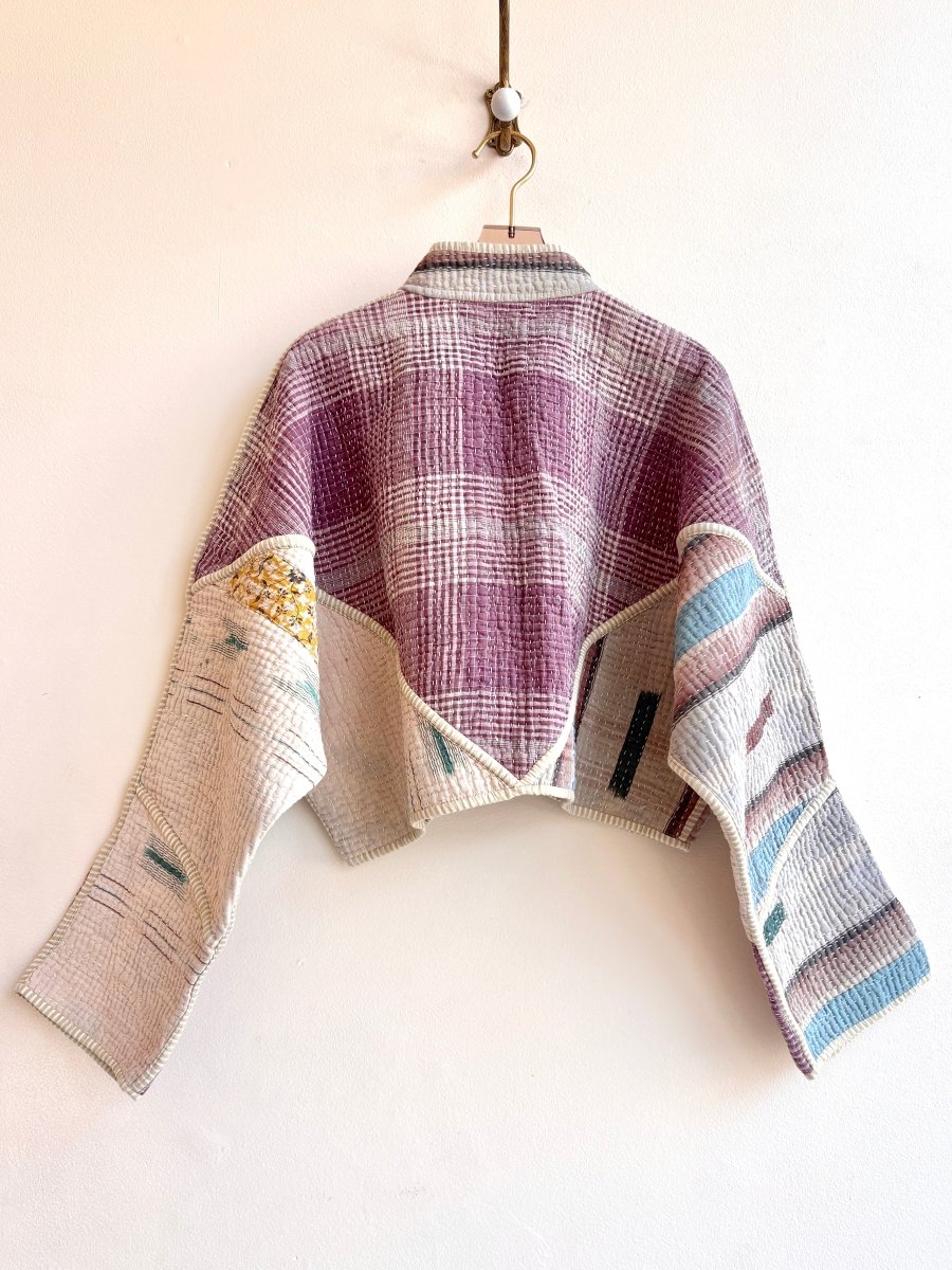 Reversible Kaira Quilted Cropped Jacket in Colors Purple Plaid, Cream, Baby Blue & Carrot Orange, Teal Blue, Yellow, Cream - Made X Hudson