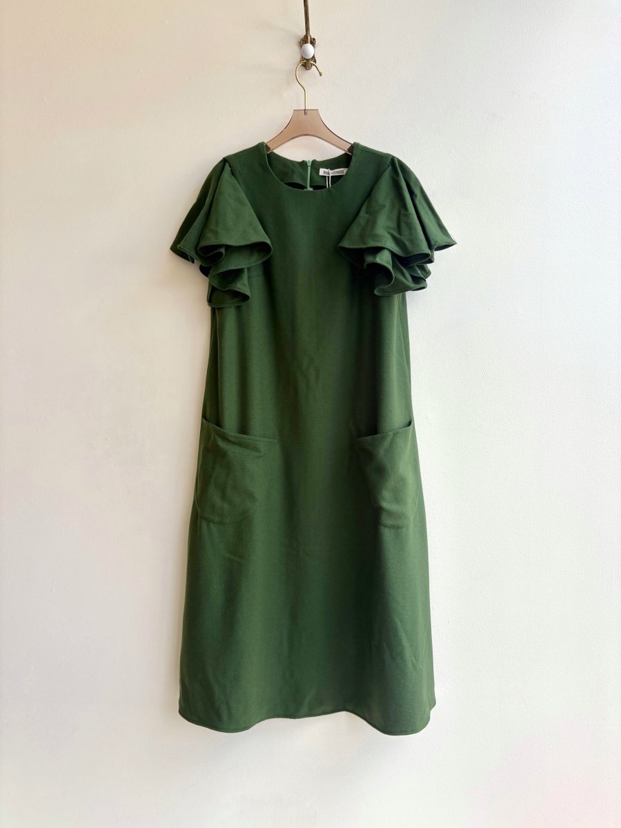 Green Wool Chore Dress with Flutter Sleeve and Patch Pockets - Made X Hudson